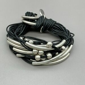 ORIT LONDON 10m2 Multi Strand Black Cord Wrap Bracelet Silver Tube Beads 8"